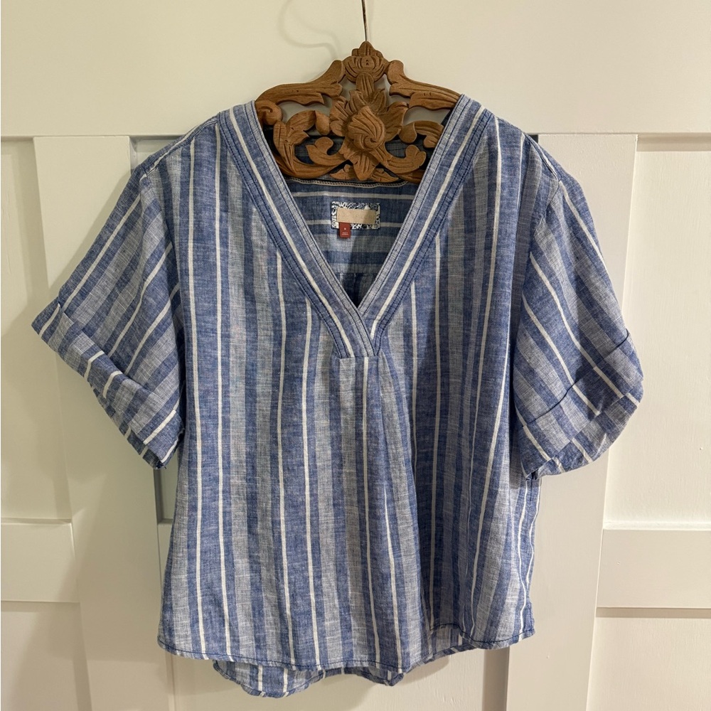 Anthropologie Pilcro Linen Henley Surf Shirt Blue Stripe V-Neck Top M - Picture 3 of 8